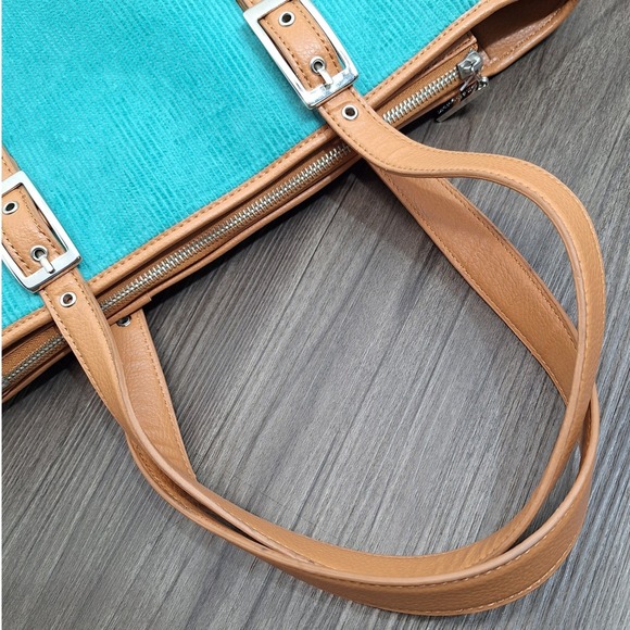 Bath & Body Works Teal Corduroy Tan Faux Leather Tote Shoulder Bag Buckle Accent - Picture 10 of 15